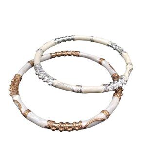 White Enamel Bangles Bracelets With Intricate Gold-Tone & Silver-Tone Filigree